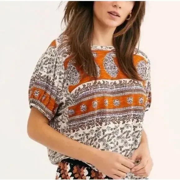 Free People High-Low Scoop Back Paisley-Print Top Boho Puff Sleeve Peasant XS - Picture 5 of 13